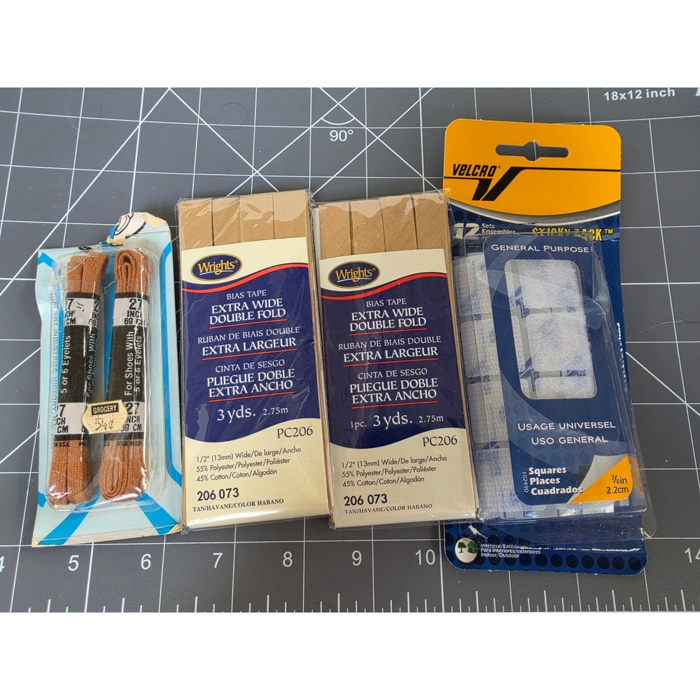 Wrights Bias Tape Tan Velcro Sticky Back Squares Hickory Shoelaces Sewing Lot